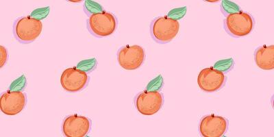 Creative graphic apricot or peach seamless pattern on a pastel pink background. Vector hand drawn sketch doodle. Summer fruits illustration for printing. Design for  fabric, fashion