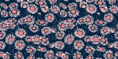 Artistic simple seamless pattern with chamomiles floral. Vector hand drawn sketch. Blooming meadow background with textured shape ditsy flowers. Design for fashion, fabric, and textile.