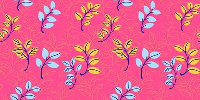 Seamless, creative, vibrant cute  leaves stem pattern on a pink background. Vector hand drawn sketch doodle small leaf branches. Template for design, textile, fashion, print, surface design, wallpaper