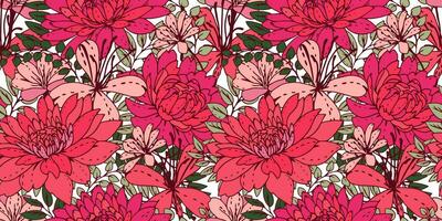 vistoso sin costura resumen estilizado creativo floral modelo. vector mano dibujado. artístico floreciente campo de en muchos tipos flores y ramas hojas impresión. diseño para moda, textil, tela