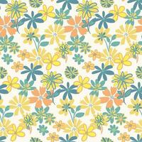 Colorful yellow seamless pattern with simple shape organic flowers. Vector hand drawn sketch doodle. Abstract summer background with liberty floral. Design for print, fashion, textile, fabric