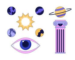 Mysterious cosmos planets 2D linear cartoon objects set. Ancient pillar, eyeball eye, sun system isolated line vector elements white background. Universe space color flat spot illustrations collection