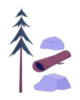 Forest trees stones 2D linear cartoon objects set. Tree trunk woodland rocks isolated line vector elements white background. Evergreen plants environment color flat spot illustrations collection