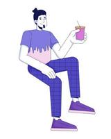 Smiling caucasian man chilling with drink 2D linear cartoon character. Relaxed guy holding cocktail cheers isolated line vector person white background. Funky carefree color flat spot illustration