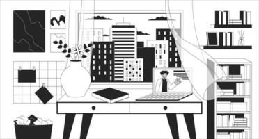 Cozy study space with bookshelves black and white lofi wallpaper. Laptop table at window evening cityscape 2D outline cartoon flat illustration. E-learning. Dreamy vibes vector line lo fi background