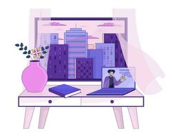 Cozy study space at window 2D linear cartoon object. Curtain blowing in wind, e learning laptop desk isolated line vector element white background. Afternoon city view color flat spot illustration