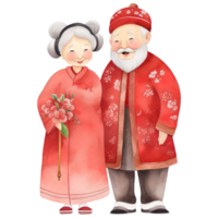 ai généré célébrer chinois Nouveau année avec kawaii personnes âgées couple clipart png
