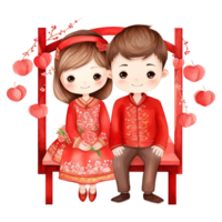 ai gerado chinês Novo ano kawaii vermelho casal - festivo aguarela clipart png