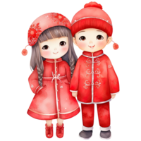 ai généré chinois Nouveau année kawaii rouge couple - de fête aquarelle clipart png