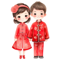 ai généré chinois Nouveau année kawaii rouge couple - de fête aquarelle clipart png