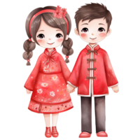 AI generated Chinese New Year Kawaii Red Couple - Festive Watercolor Clipart png