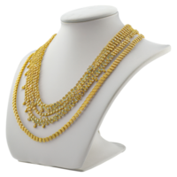 ai genererad guld halsband på visa stå , elegant Smycken fotografi png