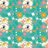 CUTE SHIBA INU WITH FLORAL SEAMLESS PATTERN vector