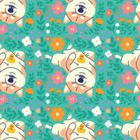 CUTE SHIBA INU WITH FLORAL SEAMLESS PATTERN vector