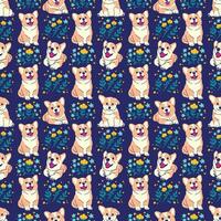 CUTE CORGI PUPPIES WITH FLORAL SEAMLESS PATTERN vector