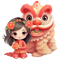 ai généré kawaii Lion Danse et fille clipart pour chinois Nouveau année célébrations png