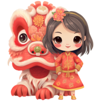 ai généré kawaii Lion Danse et fille clipart pour chinois Nouveau année célébrations png