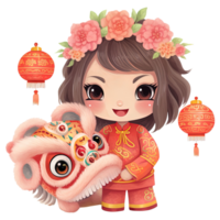 ai généré kawaii Lion Danse et fille clipart pour chinois Nouveau année célébrations png