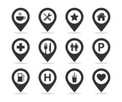 Set of place pin icon. Map pointer and cafe and restaurant travel elements pin. vector