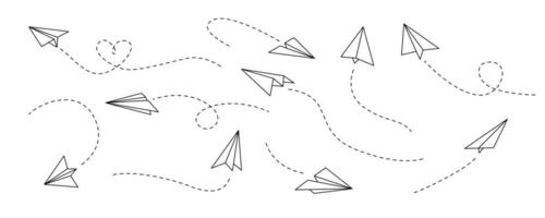 Vector paper airplane. Outline flying planes with dotted track direction. Travel or message symbol. Black linear paper plane icon