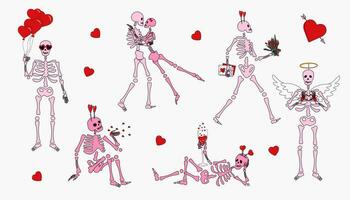 Set of Funny Skeletons with decor for Valentine's day. Cute character Skeleton Bones vector