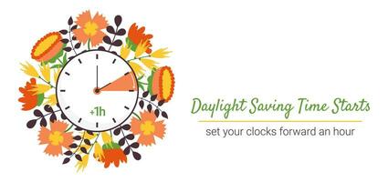 Daylight Saving time begins in March. Switch clocks from winter to summertime on Sunday. Graphic vector web Banner schedule with info, clocks and Spring flowers. Move arrow forward.