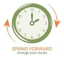 Daylight Saving Time poster. Spring forward it is time to change clock. Wall Clock going to summer. Web minimalist design. vector