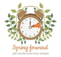 Spring Forward, set clocks ahead one hour. Alarm-clock with hand points onward. DST starts in USA for banner, web, email. Minimalistic Daylight Saving Time begins pastel colored concept with leaves. vector