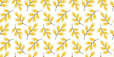 Seamless pattern with yellow leaves or flowers on white background in flat minimalist style. Summer Hand drawn vector illustration. Floral Endless bright Texture for print, textile and wallpaper.