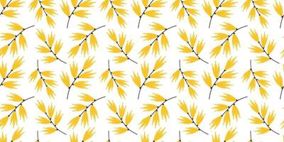 Seamless pattern with yellow leaves or flowers on white background in flat minimalist style. Summer Hand drawn vector illustration. Floral Endless bright Texture for print, textile and wallpaper.