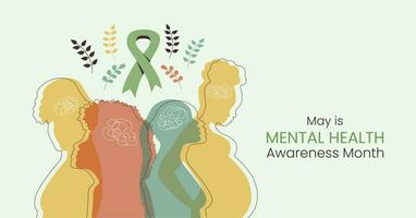 Mental Health Awareness Month Banner with Woman Silhouette. Horizontal design in flat style to inform and remind about importance of good mood. Psychological well-being concept with leaves and ribbon. vector