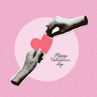 Vintage Art collage design for 14 February with halftone hands holding one heart. Contemporary template for banner, card. Cut out New wave style vector illustration for Valentine s day