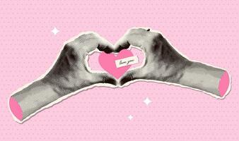 Halftone hands making heart shape banner template. Modern y2k collage and paper cut out elements. Valentines day, love, help, donate, support concept. Vector illustration on pink dotted backdrop