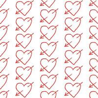 Simple red heart seamless pattern for Valentine's day. Wax Charcoal pastel painting. Grunge hearts with arrows on white background. Vector illustration, Crayon texture picture