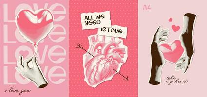 Set of Art a4 collage designs for 14 February. Posters with halftone hands, hearts and typography. Contemporary template for banner. Cut out on pink dotted texture. New wave style vector compositions