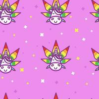 Fun unicorn with rainbow cannabis leaf seamless pattern on the pink background. vector