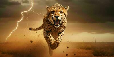 AI generated A Cheetah Sprinting in the Desert with Thunderstorm Behind. Generative AI photo