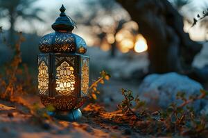 AI generated Arabic Lantern in the Desert at Sunset. Ramadan Kareem Background. Muslim Holy Month. Generative Ai photo