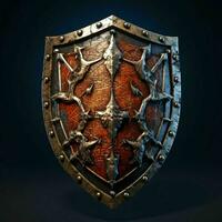 AI generated Rusty Medieval Shield with War Torn Effect Isolated on Black Background. Generative AI photo