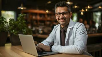 AI generated Doctor Works on Laptop Wearing Lab Coat in Coffee Shop. Scientists Work in Front of Computer. Generative Ai photo