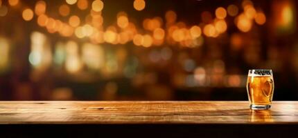 AI generated Empty Wooden Table with Bokeh Cafe Background and Golden Lights. Generative AI photo