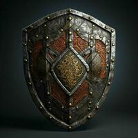 AI generated Rusty Medieval Shield with War Torn Effect Isolated on Black Background. Generative AI photo