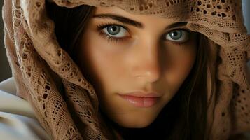 ai generado de cerca foto de un hermosa Arábica mujer en hijab con maravilloso ojos. generativo ai