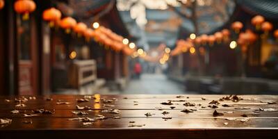 AI generated Empty Wooden Table with Blurred Ancient Chinese Town Background, Decorated with Hanging Lanterns. Generative Ai photo