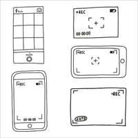 Camera viewfinder application interface on smartphone, screen. Movie mode. Doodle style sketch. Vector illustration.