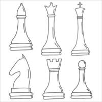 Hand-drawn sketch set of Chess pieces on a white background. Chess. Check mate. King, Queen, Bishop, Knight, Rook, Pawn. Vector icons.