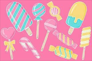 Candies, lollipop, sugar caramel in wrapper, gums and twisted marshmallow on stick. Vector set of sweets, spiral lollypops, striped bonbons and bubblegums isolated on pink background