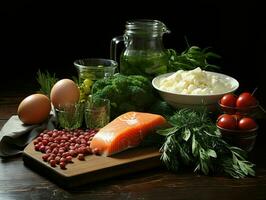 AI generated Arrangement of Raw Meat, Milk, Eggs, and Vegetables on Black Background. Generative AI photo