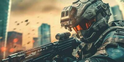 AI generated Futuristic Soldier Holding Gun in a Destroyed City. Science Fiction Background. Generative AI photo