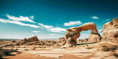 ai generado un vasto, árido Desierto con azul cielo. rocoso Desierto paisaje. generativo ai foto